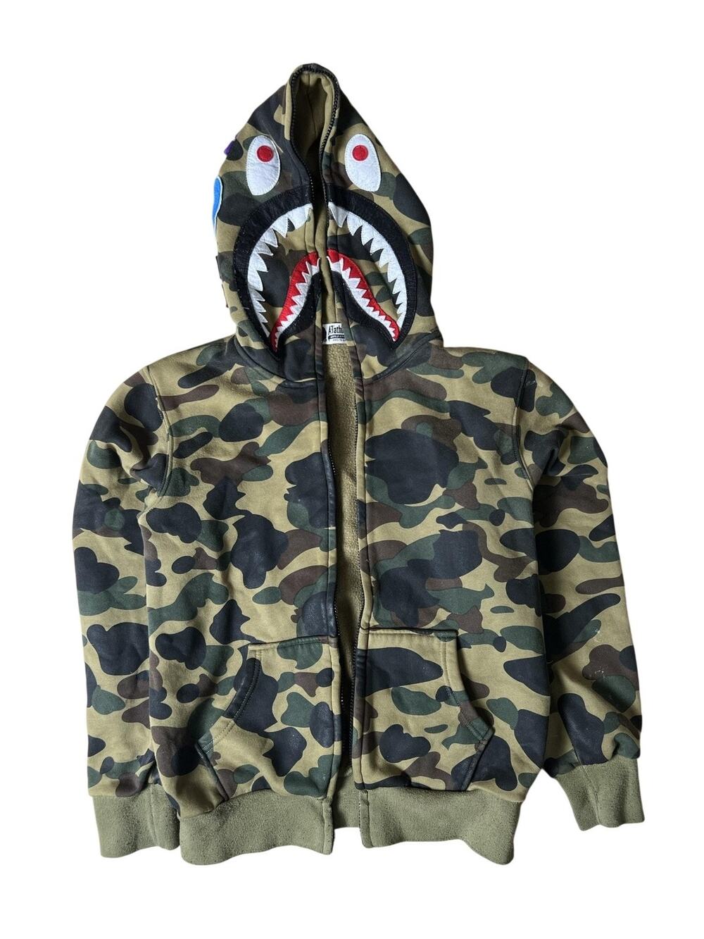 A Bathing Ape Sweater Mens M Green Camo Full Zip Hooded Shark Face Embroidered